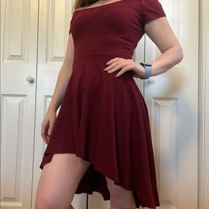 Windsor Off Shoulder Asymmetrical Dress in Burgundy